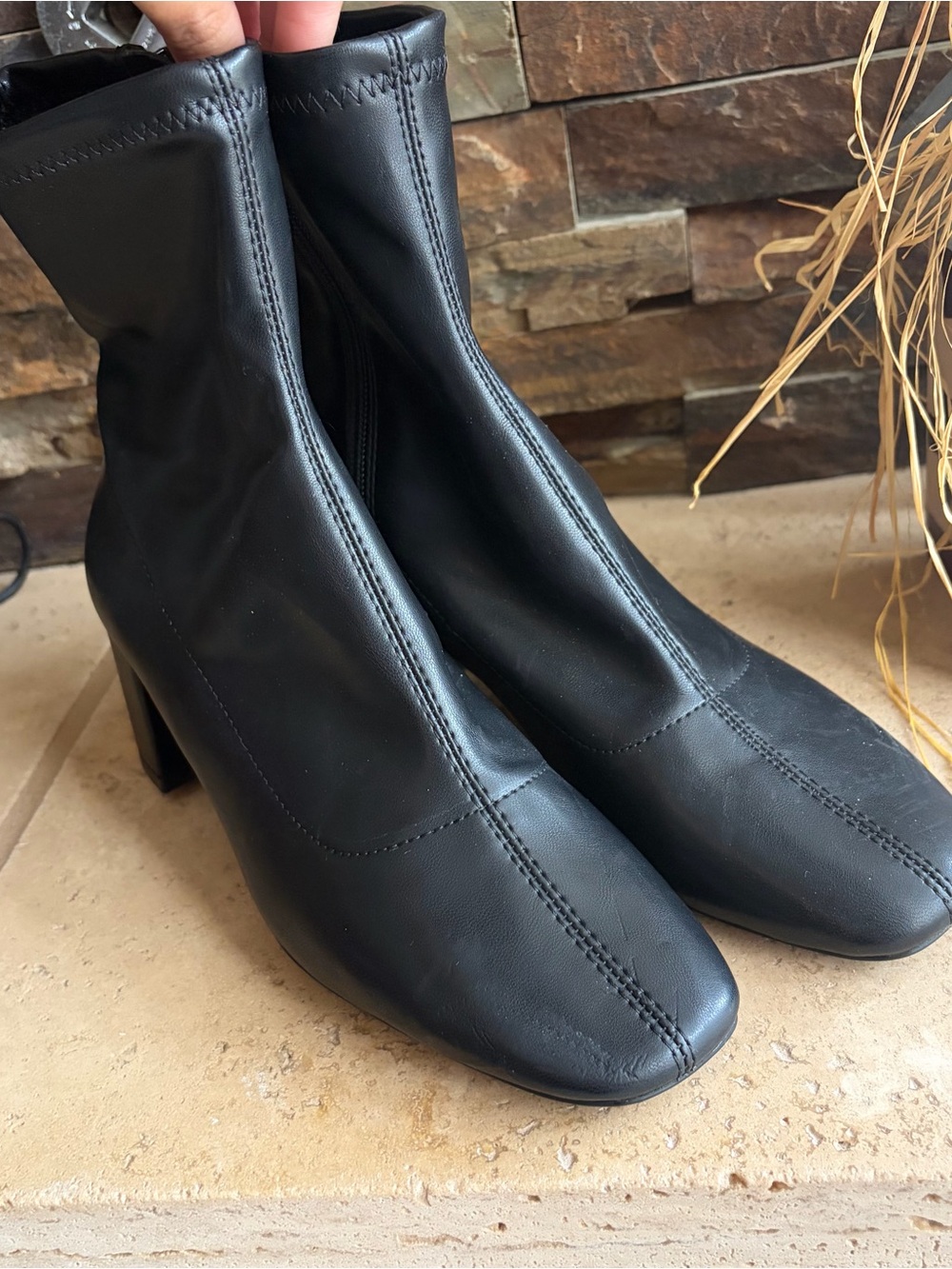 Mango Black Stretch Leather Square-Toe Mid-Heel Ankle Boots